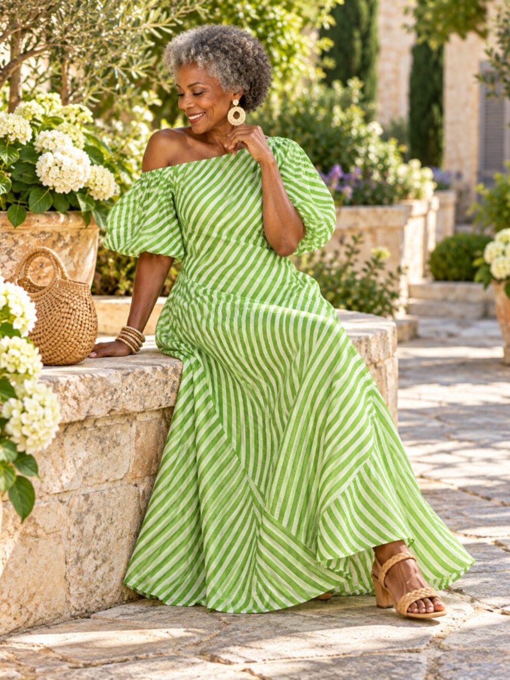Green White Striped Off Shoulder Asymmetrical Peplum Midi Dress XL